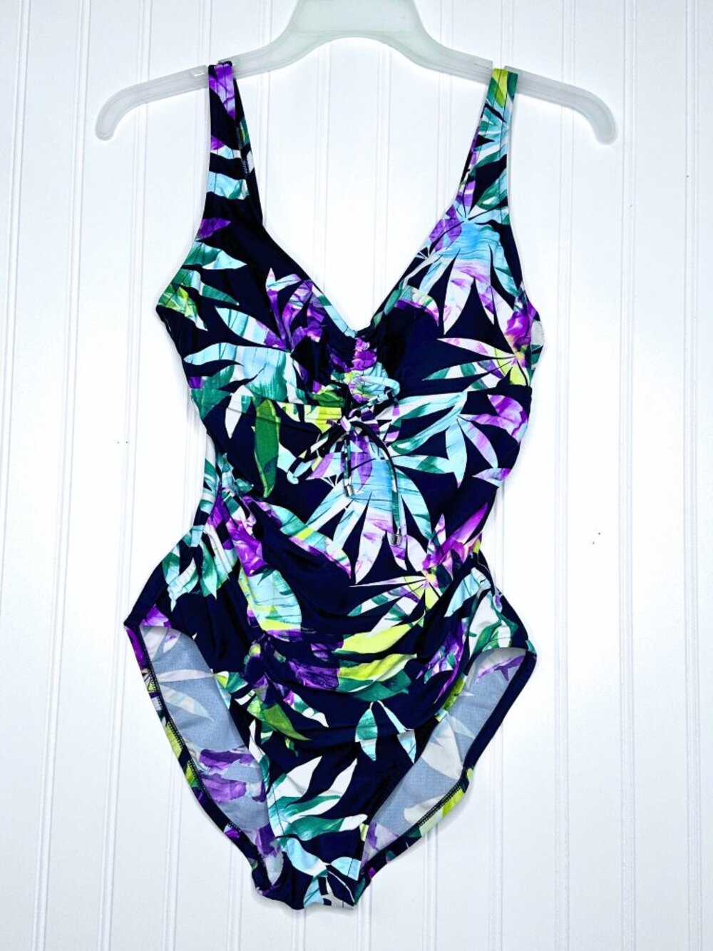Aqua Green V-Neck Ruched One-Piece Swimsuit - Black Tropical Leaf Print Size-M